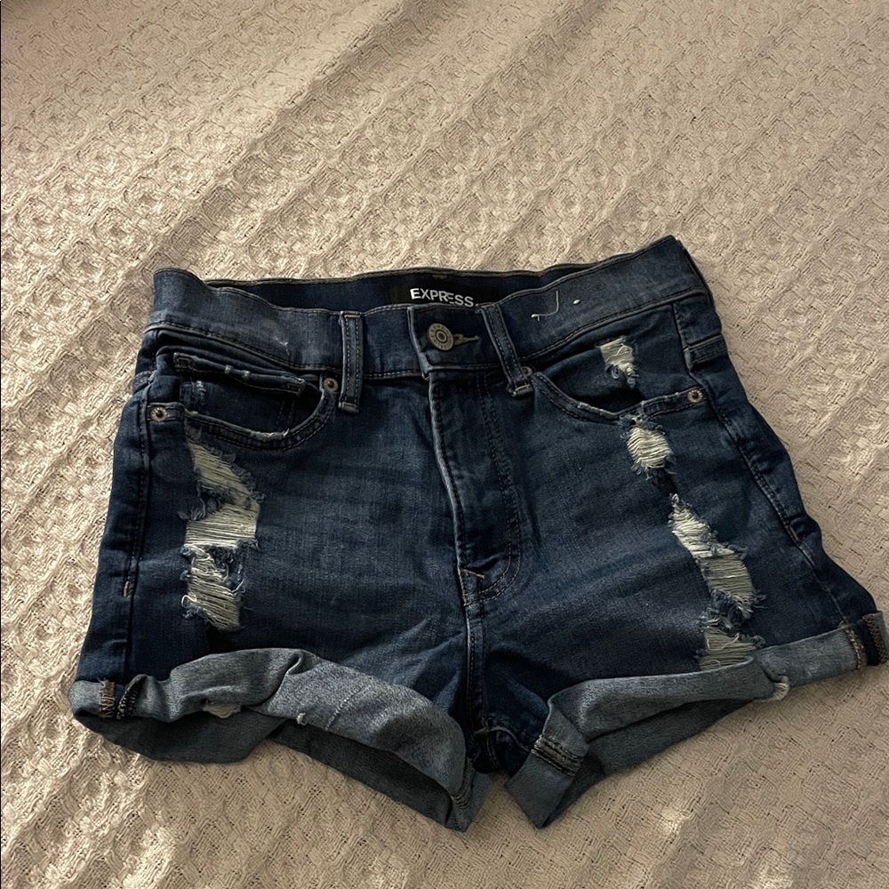 Express Women's Ripped Jean Shorts - Dark Blue